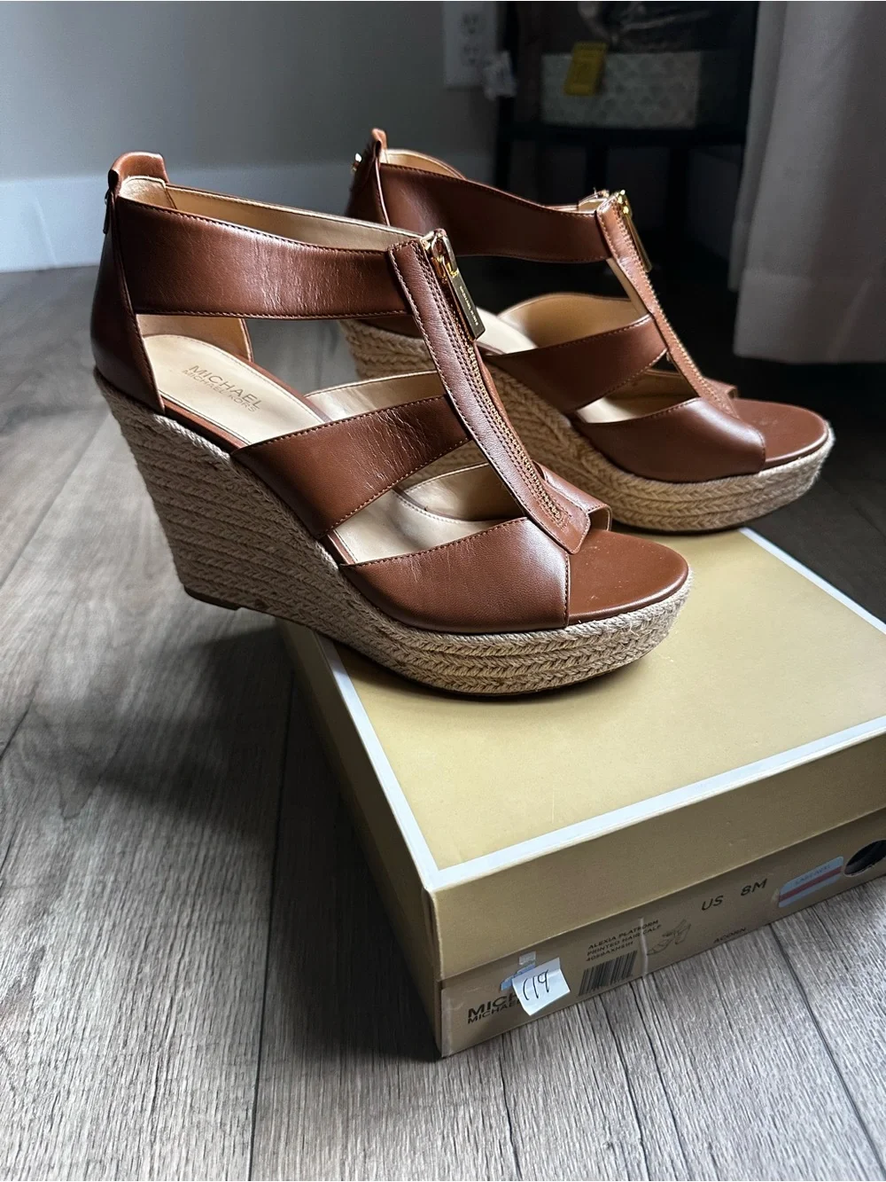 Michael Kors Tan Brown Leather Zip-Front Espadrille Wedge Sandals